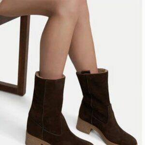 Theory Crepe Heel Bootie Brown Cow Suede Dyed Shearling Lamb Size 39